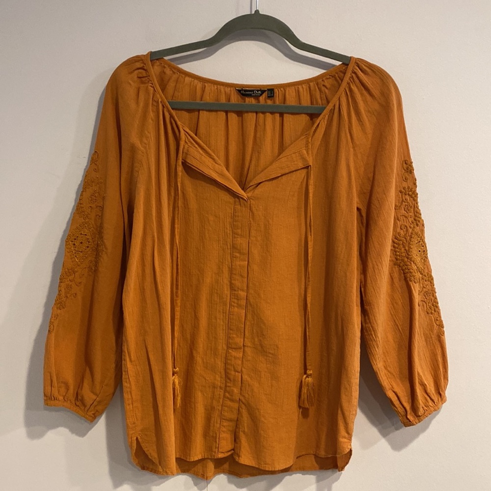 Massimo Dutti Cotton Embroidered Blouse with Tassels Burnt Orange Boho Top